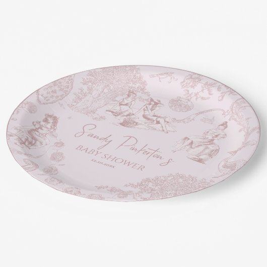 Elegant Roze Toile de Jouy Picknick Baby shower Papieren Bordje (Gekanteld)