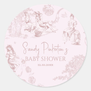 Elegant Roze Toile de Jouy Picknick Baby shower Ronde Sticker
