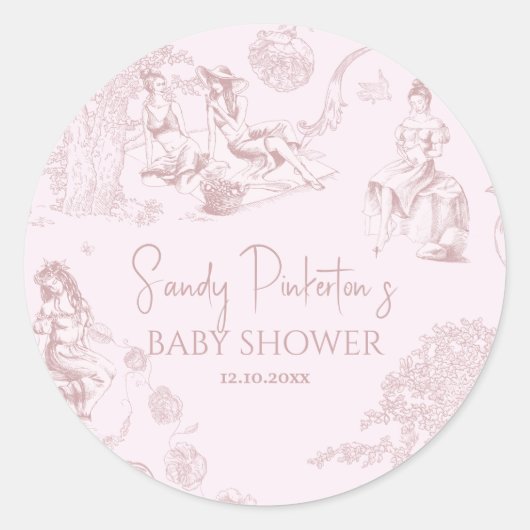 Elegant Roze Toile de Jouy Picknick Baby shower Ronde Sticker (Voorkant)