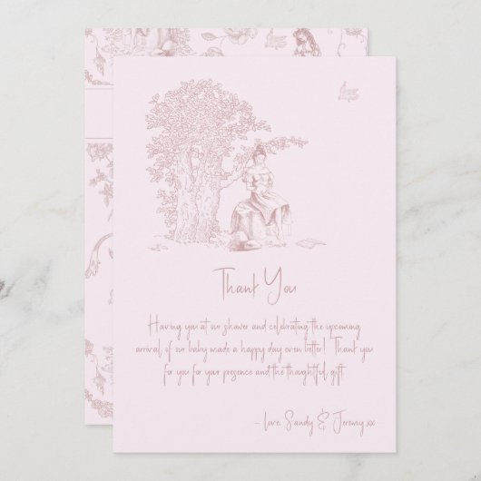 Elegant Roze Toile Jouy Baby shower Boekaanvraag Bedankkaart (Voorkant / Achterkant)