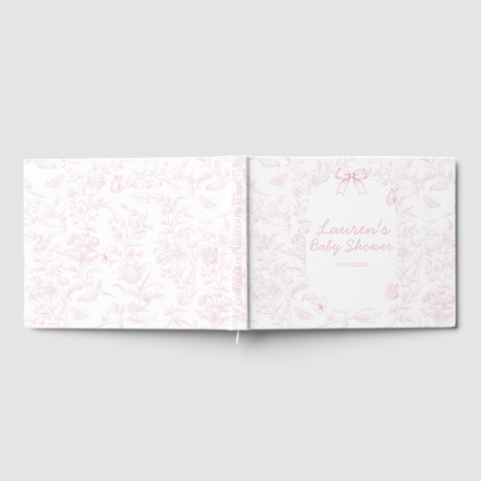 Elegant Roze Toile Print Meisje Baby shower Gastenboek (Volledig)