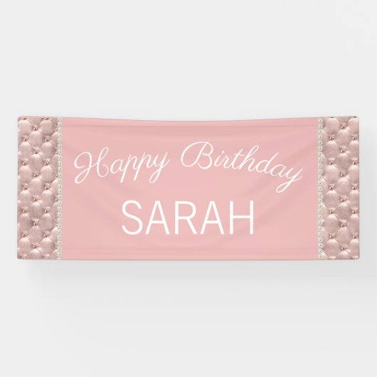Elegant roze Tufted Pearls Happy Birthday Spandoek (Horizontaal)