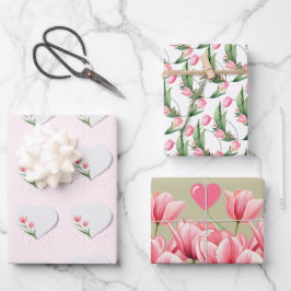 Elegant Roze Tulpen & Harten Bloemendecoratiepapie Inpakpapier Vel