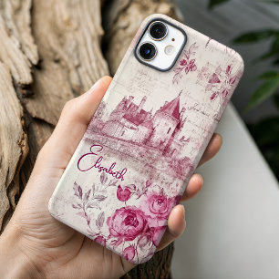 Elegant roze vintage kasteel bloem toile monogram iPhone 16 pro hoesje