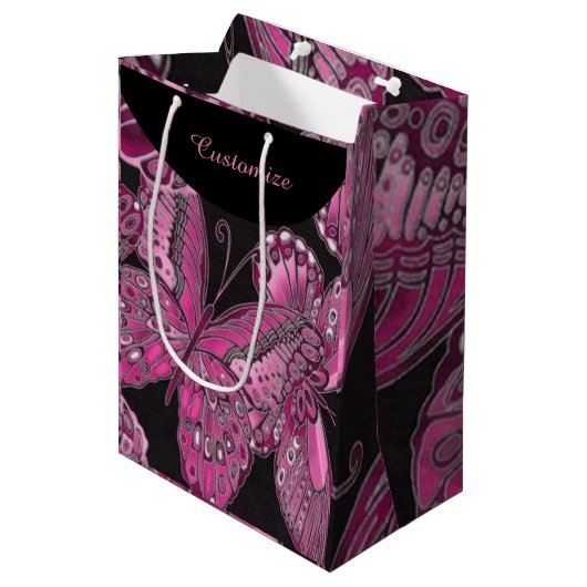 Elegant roze vlinderpatroontas medium cadeauzakje (Voorkant Gekanteld)