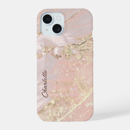 Elegant roze vloeibaar marmer iPhone 15 case (Achterkant)