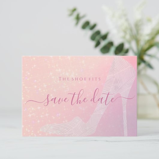 Elegant roze vonken Assepoester sprookje Save The Date (Staand voorkant)