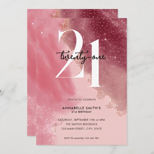 Elegant Roze Waterverf 21e Verjaardag Kaart (Voorkant / Achterkant)