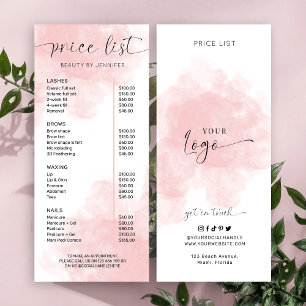 Elegant roze Waterverf Beauty Services Prijslijst Reclamekaart