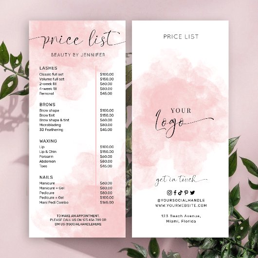 Elegant roze Waterverf Beauty Services Prijslijst Reclamekaart