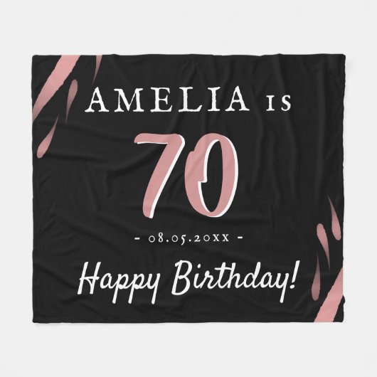 Elegant roze Waterverf Black 70th Birthday Fleece Deken (Voorkant (Horizontaal))
