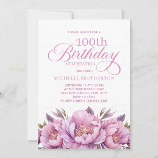 Elegant Roze Waterverf Bloemen 100ste Verjaardag Kaart (Voorkant)