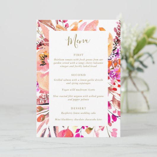 Elegant Roze Waterverf Bloemen Aangepaste Bruiloft Menu (Staand voorkant)