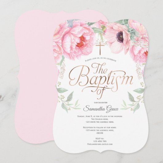 Elegant, Roze, Waterverf, Bloemen, Christening Kaart (Voorkant / Achterkant)