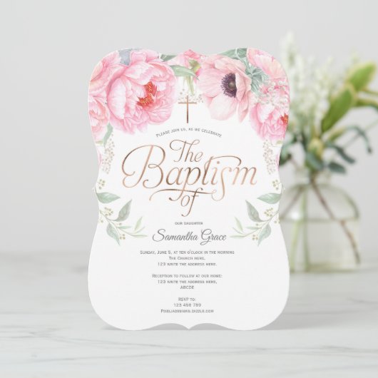 Elegant, Roze, Waterverf, Bloemen, Christening Kaart (Staand voorkant)