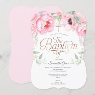 Elegant, Roze, Waterverf, Bloemen, Christening Kaart
