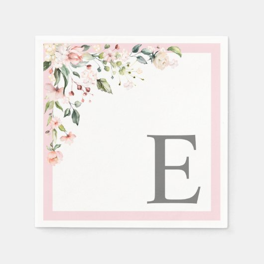 Elegant Roze Waterverf Bloemen Initiaal Monogram Servet (Voorkant)