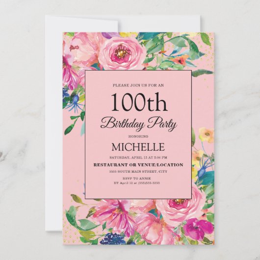 Elegant Roze Waterverf Bloemen Verjaardag Kaart (Voorkant)