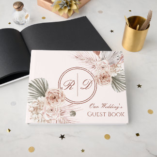 Elegant Roze Waterverf Bloemige Monogram Bruiloft Gastenboek