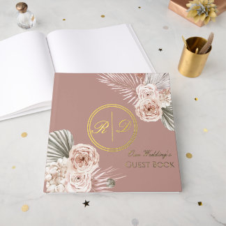 Elegant Roze Waterverf Bloemige Monogram Huwelijk Gastenboek