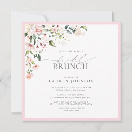 Elegant roze Waterverf Botanische Bridal Brunch Kaart (Voorkant)