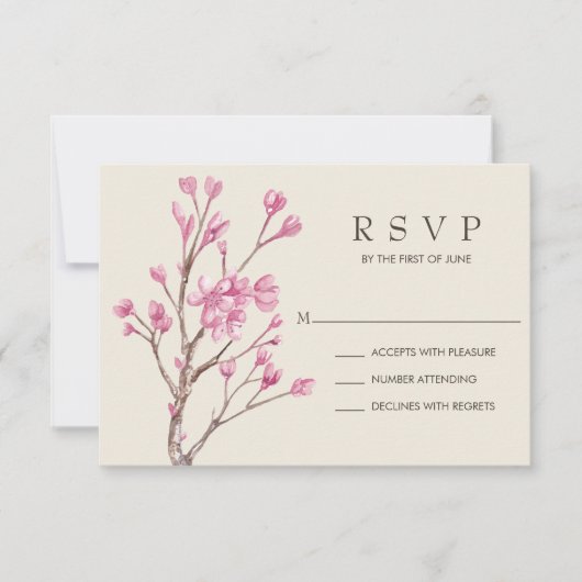 Elegant roze Waterverf Cherry Blossom Wedding RSVP Kaartje (Voorkant)
