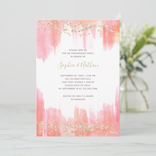 Elegant roze Waterverf en Gold Engagement Party Kaart (Staand voorkant)