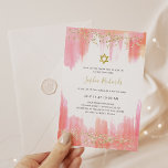 Elegant roze Waterverf en goud | Bat Mitzvah Kaart<br><div class="desc">Deze prachtige en elegante Bat Mitzvah-uitnodigingen voorzien van trendy waterverf,  schilderige slagen in feminine tinnen tinten van roze,  koraal en oranje,  met faux goudglitter die er confetti uitziet en een Ster van David.</div>