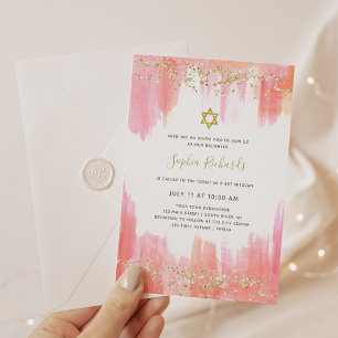 Elegant roze Waterverf en goud   Bat Mitzvah Kaart
