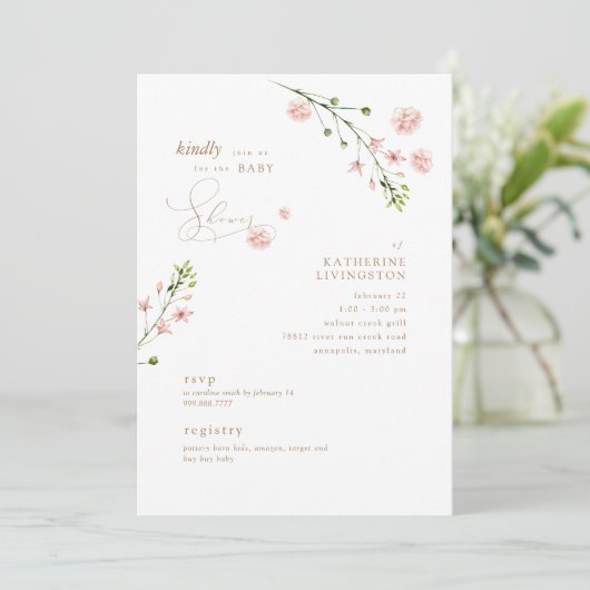 Elegant roze Waterverf Floral Baby shower Kaart (Staand voorkant)