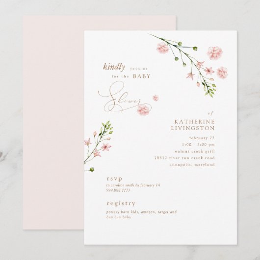 Elegant roze Waterverf Floral Baby shower Kaart (Voorkant / Achterkant)