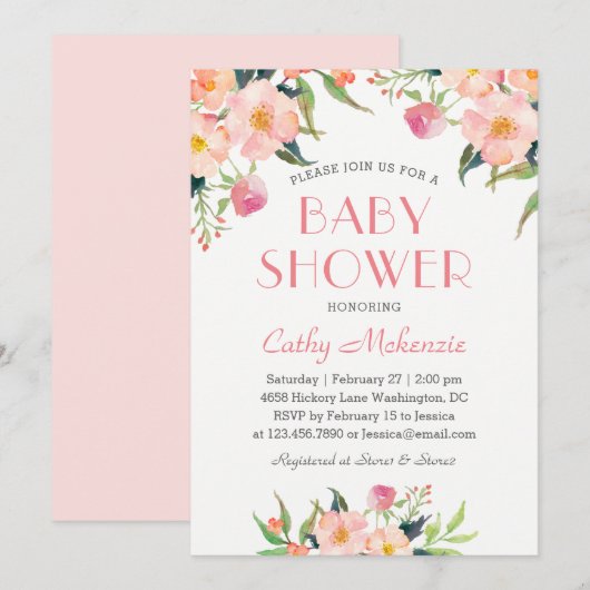 Elegant roze Waterverf Floral Baby shower Kaart (Voorkant / Achterkant)