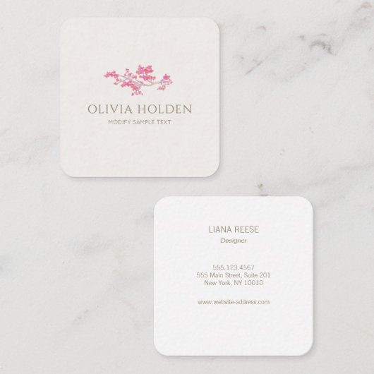 Elegant roze Waterverf Floral Branch Vierkante Visitekaartje (Voorkant / Achterkant)
