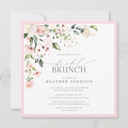 Elegant roze Waterverf Floral Bridal Brunch Kaart (Voorkant)