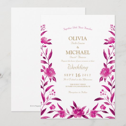 Elegant roze Waterverf floral Chinoiserie Wedding Kaart (Voorkant / Achterkant)
