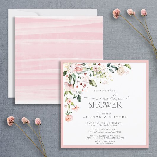 Elegant roze Waterverf Floral Couples Shower Kaart