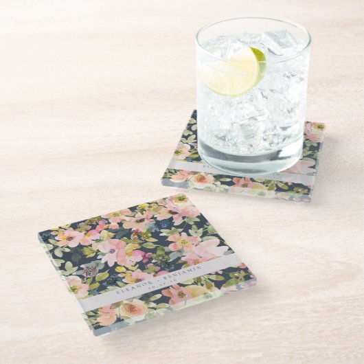 Elegant roze Waterverf Floral Custom Wedding Glazen Onderzetter (Schuin)