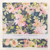 Elegant roze Waterverf Floral Custom Wedding Glazen Onderzetter (Voorkant)