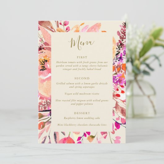 Elegant roze Waterverf Floral Custom Wedding Menu (Staand voorkant)