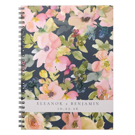 Elegant roze Waterverf Floral Custom Wedding Notitieboek (Voorkant)