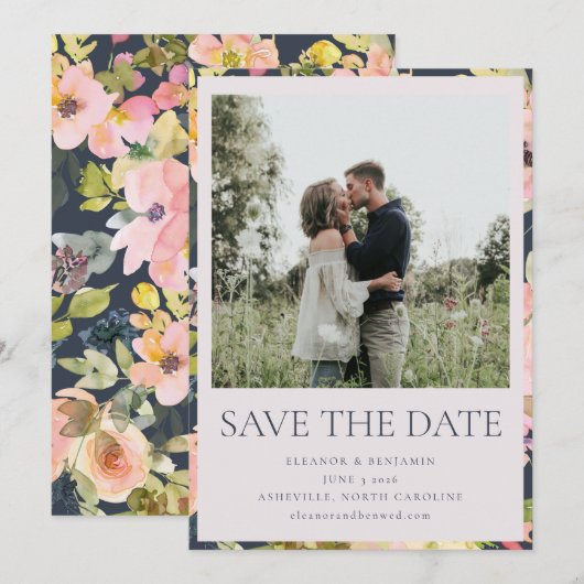 Elegant roze Waterverf Floral Custom Wedding Save The Date (Voorkant / Achterkant)