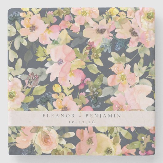 Elegant roze Waterverf Floral Custom Wedding Stenen Onderzetter (Voorkant)