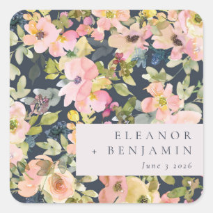 Elegant roze Waterverf Floral Custom Wedding Vierkante Sticker