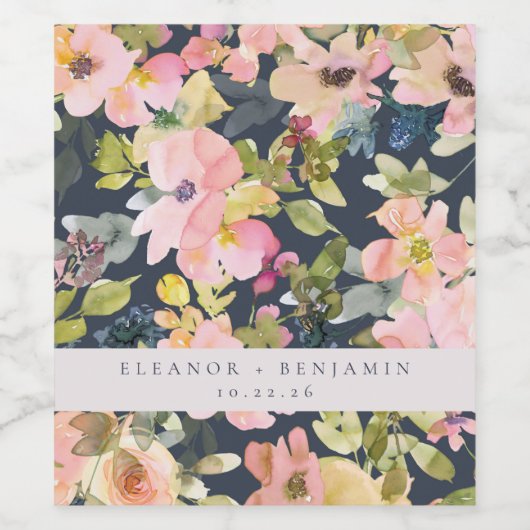 Elegant roze Waterverf Floral Custom Wedding Wijn Etiket (Enkel label)
