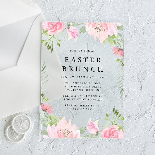 Elegant roze Waterverf Floral Easter Brunch Acryl Uitnodigingen