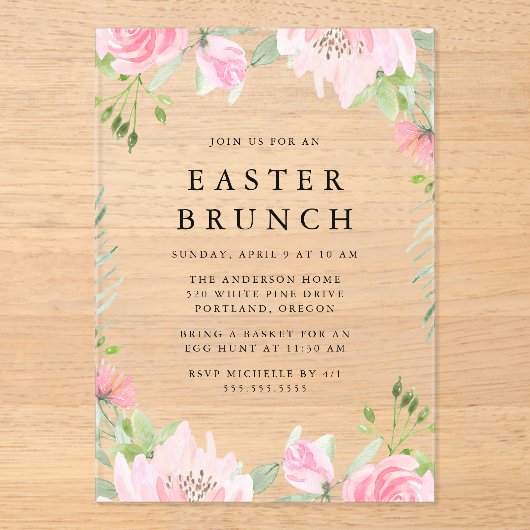 Elegant roze Waterverf Floral Easter Brunch Acryl Uitnodigingen (Voorkant)