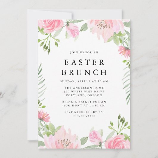 Elegant roze Waterverf Floral Easter Brunch Kaart (Voorkant)