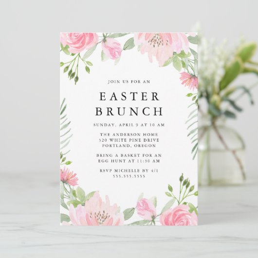 Elegant roze Waterverf Floral Easter Brunch Kaart (Staand voorkant)