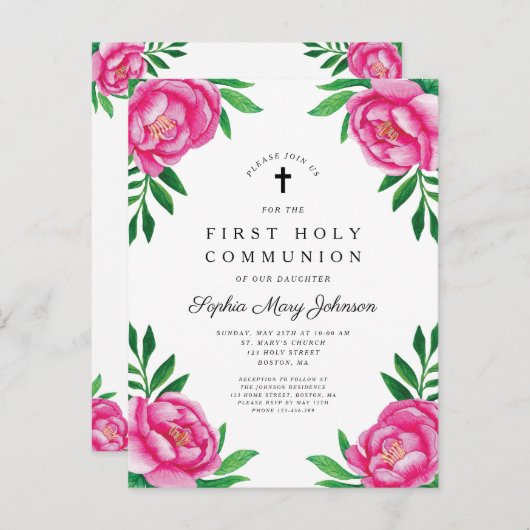 Elegant roze Waterverf Floral First Community Uitnodiging Briefkaart (Voorkant / Achterkant)