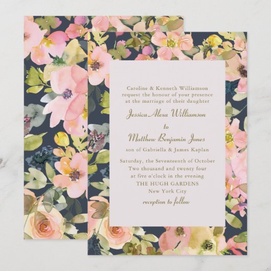 Elegant roze Waterverf Floral formeel huwelijk Kaart (Voorkant / Achterkant)